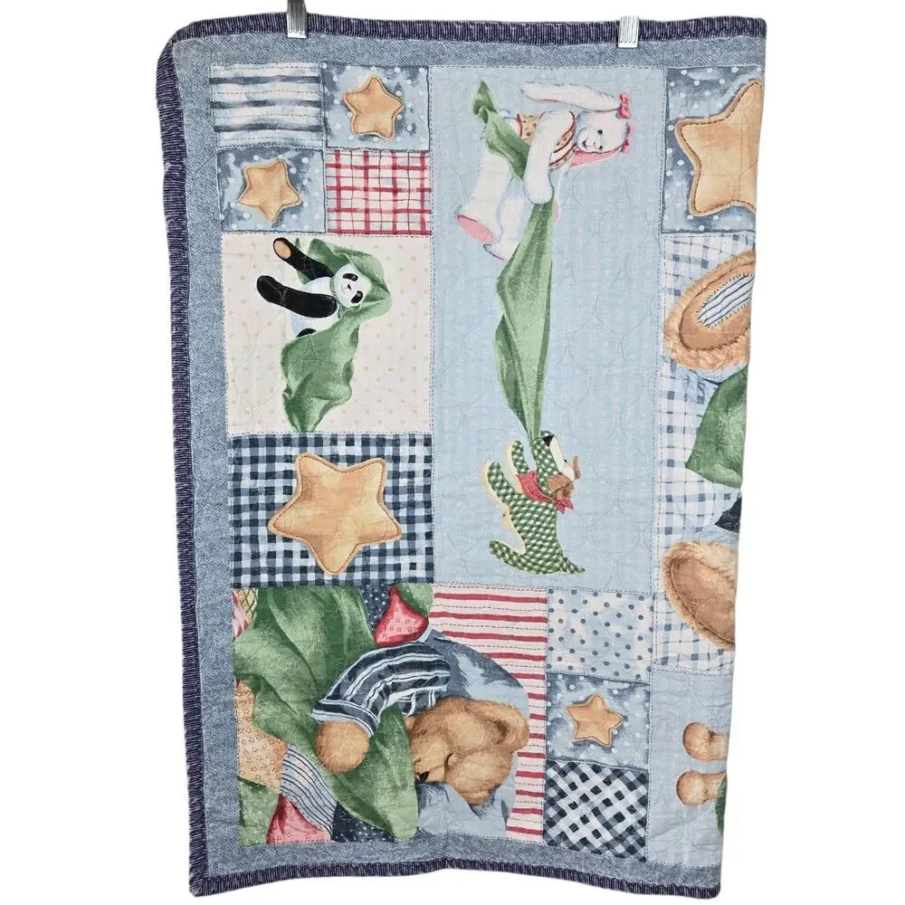 Vtg Blue Jean Teddy Bear Nursery Crib Quilt Baby Blanket Lovey 31.5